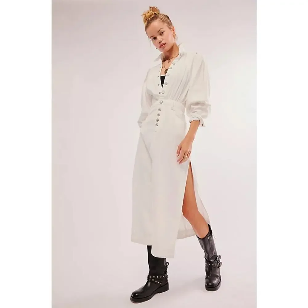 Free People Mad Love White Denim Midi Dress • Size Small • NWT